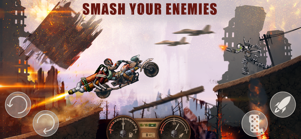 Dead Hill Racing: Zombie Climb - A weaponized motorcycle jumping in a post-apocalyptic city with the text smash your enemies