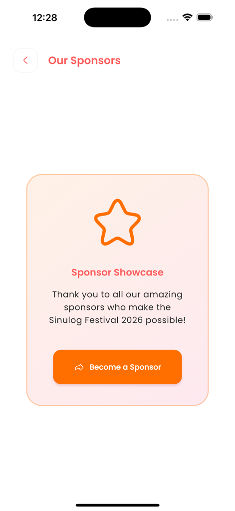 Sinulog Festival - Sponsor showcase page in the Sinulog Festival app thanking sponsors and providing a button to become one