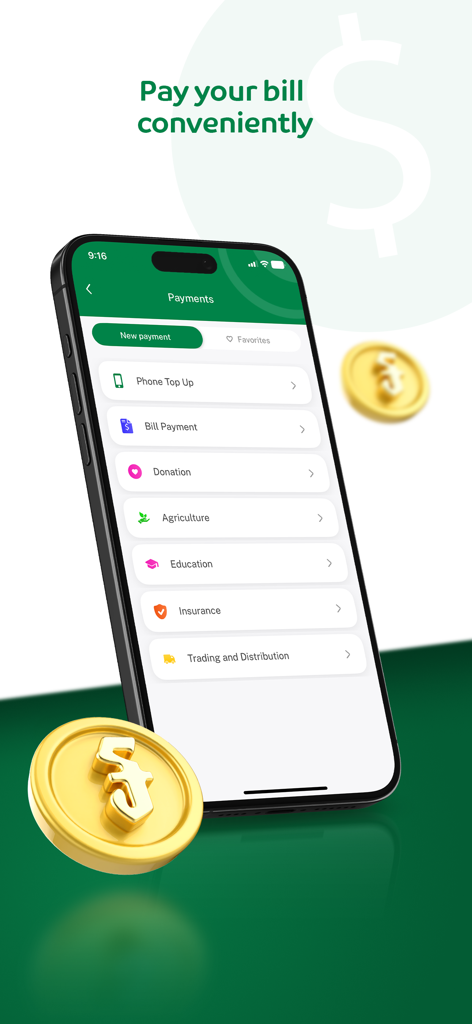 Pantalla de banca móvil Amret que muestra varias opciones de pago, incluido el pago de facturas y la recarga de teléfono.