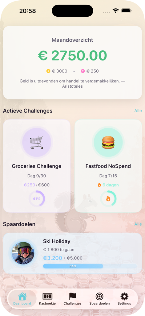 Budget Challenge App - Budget Challenge app dashboard showing monthly overview active spending challenges and a savings goal for a ski holiday