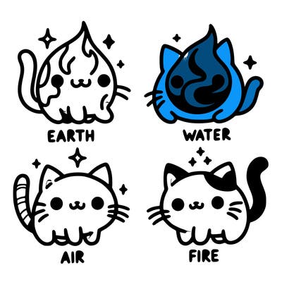 4 cats that represent the different elements, earth, water, air, and fire