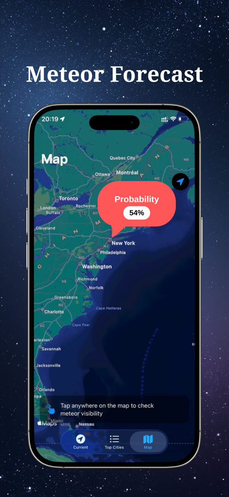 Shooting Star & Meteor Shower - FallingStar app map interface showing meteor shower visibility probability over the Eastern United States