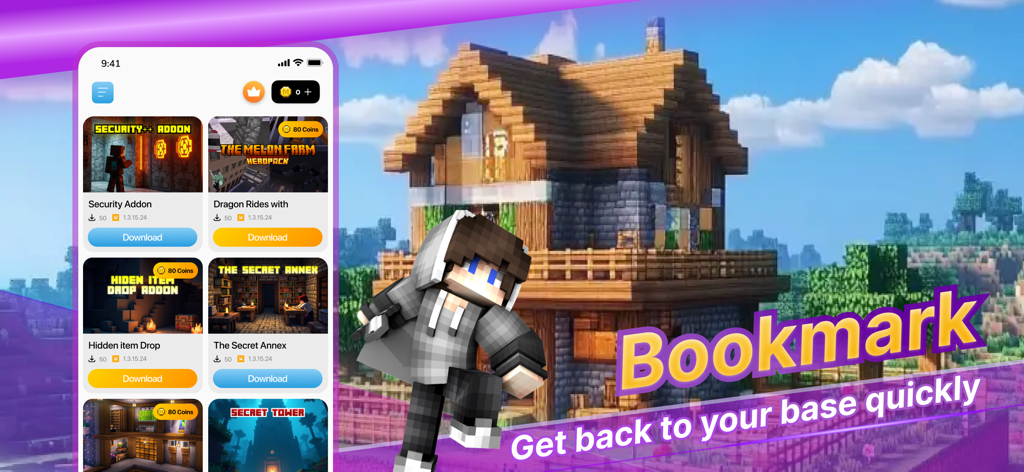 Mods for Minecraft PE: MCPE - Interface of the Mods for Minecraft PE app showing how to bookmark and save favorite addons for quick access