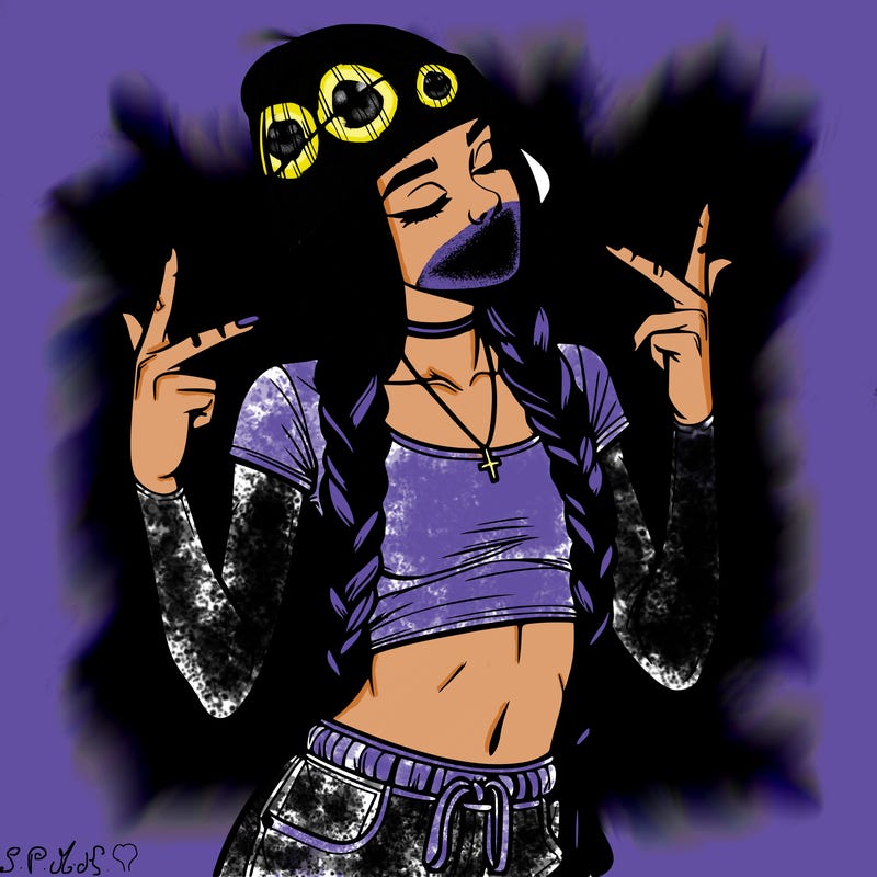 realistic teenage girl with braids and a beanie and crop top doing 🫶🏼