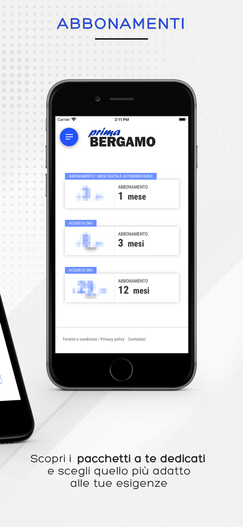 prima Bergamo - Subscription screen of the prima Bergamo news app showing options for 1 month 3 months and 12 months plans