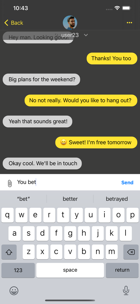Whappz - Screenshot of the Whappz app showing a friendly chat between two users.