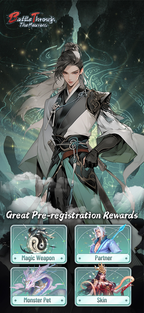 Schermata dei premi di pre-registrazione di Battle Through the Heavens RPG che mostra skin del personaggio e arma magica