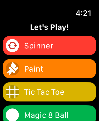스피너 페인트, 틱택토, 매직 8볼을 포함한 Apple Watch 화면의 미니게임 메뉴