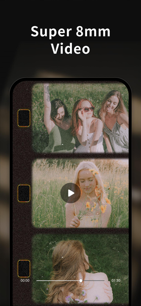 Screenshot of OldRoll app featuring Super 8mm vintage video filters with a retro film reel aesthetic