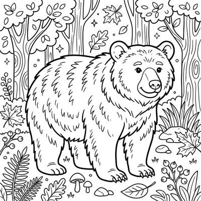 Discover the wild wonders of nature with this delightful American Black Bear coloring page designed especially for kids. It features a friendly bear amidst a vibrant forest setting, perfect for young artists to explore their creativity.