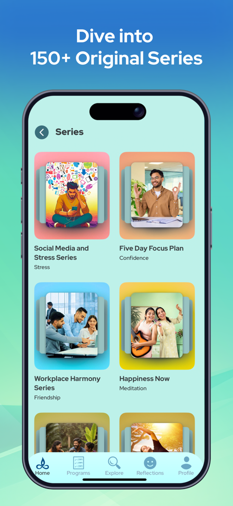 Innergy app screen showing a library of original meditation series for stress management and focus