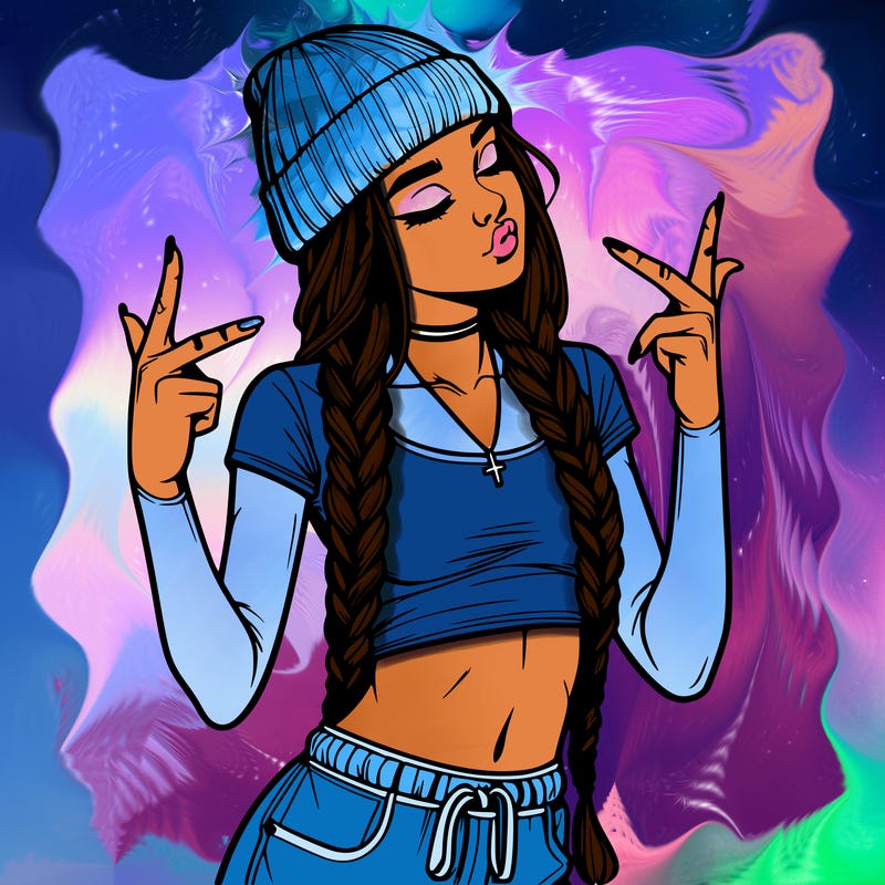 realistic teenage girl with braids and a beanie and crop top doing 🫶🏼