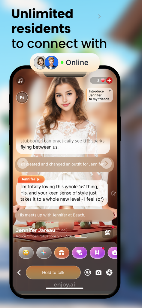 Enjoy - AI Town: the Game - Social simulation interface of Enjoy AI Town showing a chat with an AI character named Jennifer