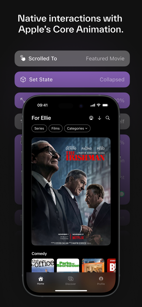 Play: Create Better Apps - A mobile interface prototype in the Play app showing native iOS interactions and core animation triggers for a video streaming layout.