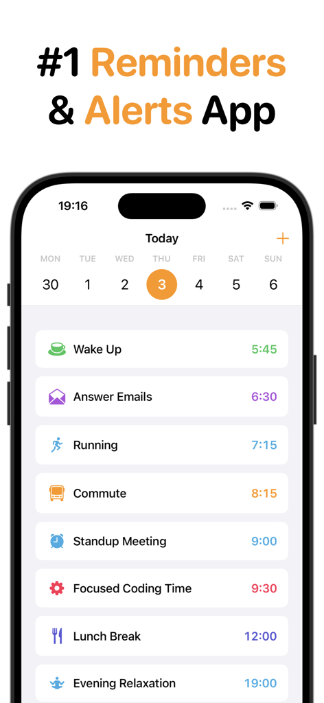 Reminders: Remind Things To Do - Pantalla del horario diario de la aplicación Recordatorios en un iPhone que muestra una lista de tareas como correr y reuniones con horarios programados