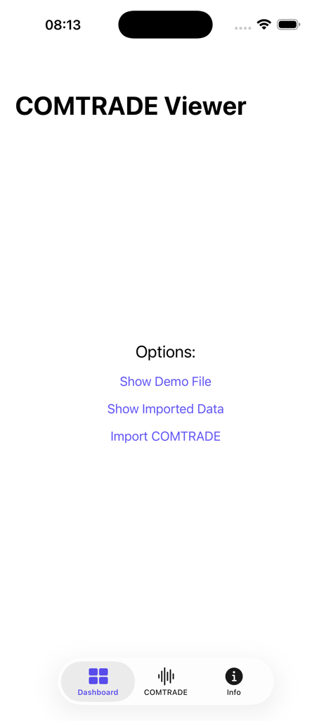 iOSComtradeViewer - Main dashboard of the iOSComtradeViewer app showing options to import COMTRADE files and view recorded disturbance data.