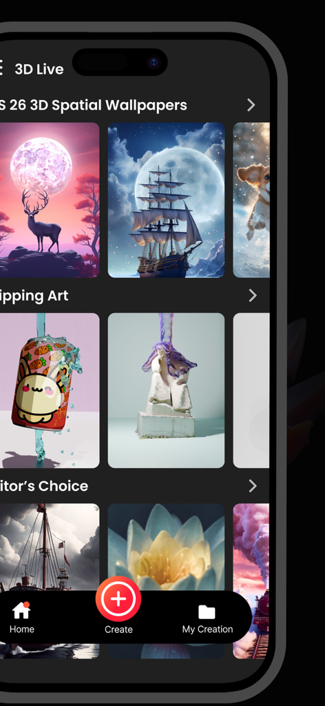 Lock Screen Depth 3D Wallpaper - Interface of the Lock Screen Depth 3D Wallpaper app showcasing various spatial and live wallpaper categories including Dipping Art and Editor's Choice.