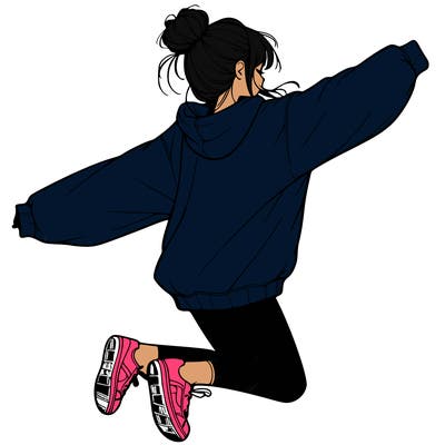 realistic girl jumping with a bun and oversized sweatshirt