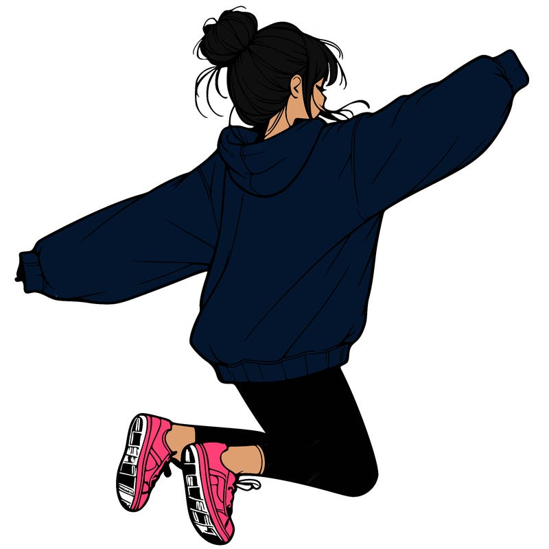 realistic girl jumping with a bun and oversized sweatshirt