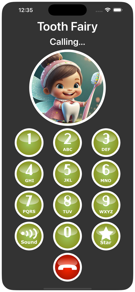 A simulated phone call screen from the Tooth Fairy featuring a cute cartoon fairy holding a tooth and a numeric keypad
