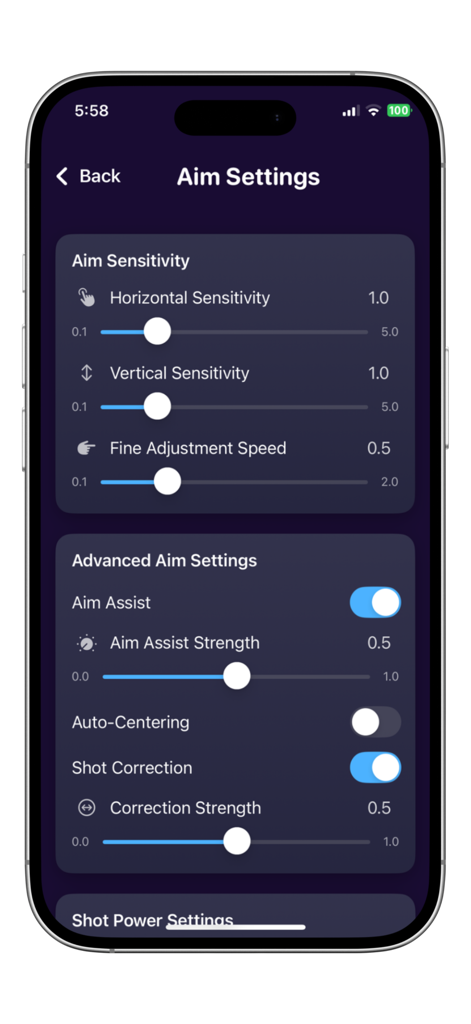 Aim Master 8 Ball Pool - Aim Master 8 Ball Pool app aim settings menu showing sensitivity sliders and advanced aim assist options