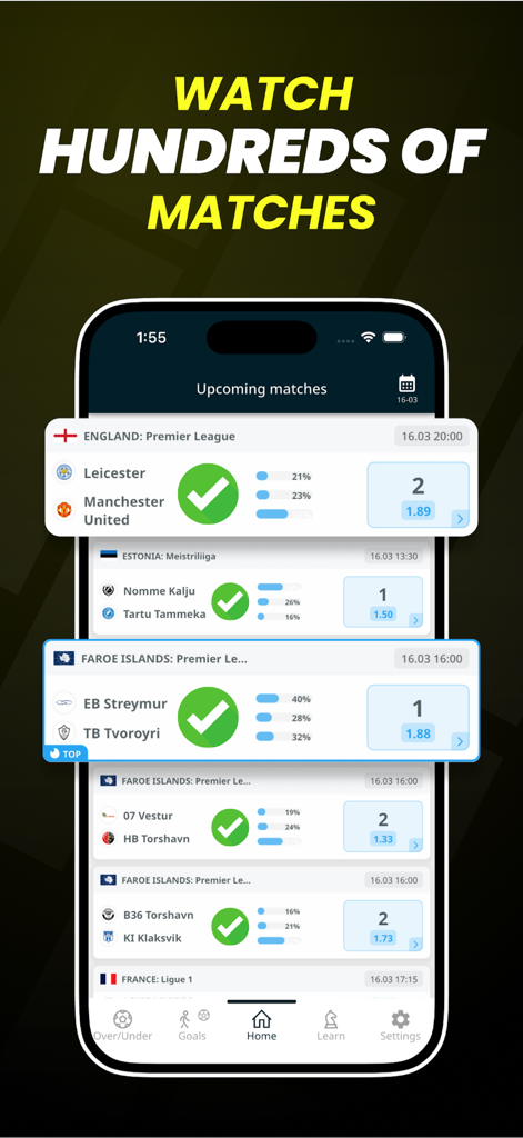 Daily Football Betting Tips - App screen showing upcoming soccer matches from various leagues with AI predictions and betting odds