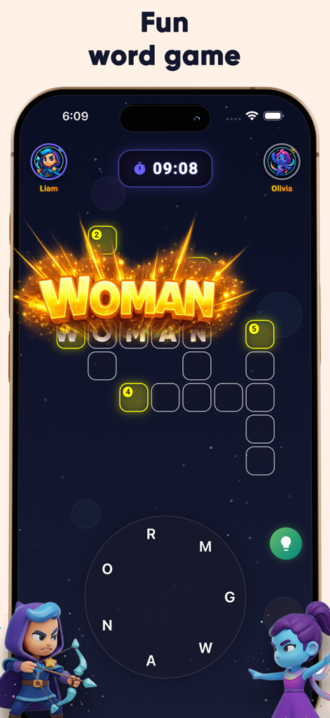 Real-time 1v1 word game duel with a neon space theme and crossword grid