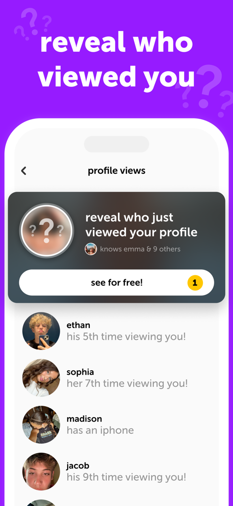 A list of profile viewers on the sendit app showing names and number of views