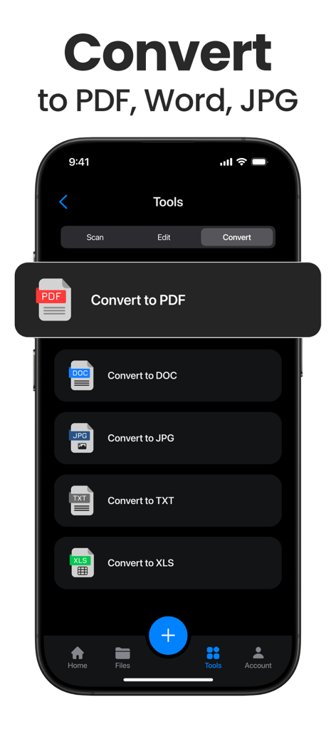Scanner App - Scan PDF & Docs - ドキュメントをPDF、Word、JPG、TXT、XLS形式に変換するオプションを表示するモバイルアプリのインターフェース