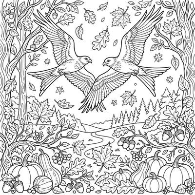 Capture the essence of autumn with this beautiful coloring page featuring two majestic kites soaring above a vibrant fall landscape. Discover charming details like plump pumpkins, scattered leaves, and bountiful acorns, ready for your creative touch.