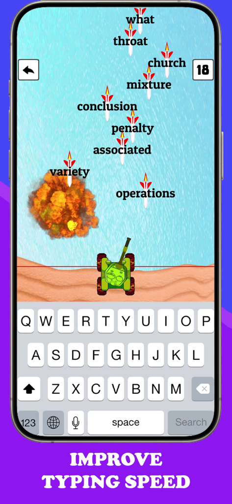 Type Blast: Fast Typer Club - Gameplay screen of Type Blast showing a tank shooting falling words to improve typing speed.