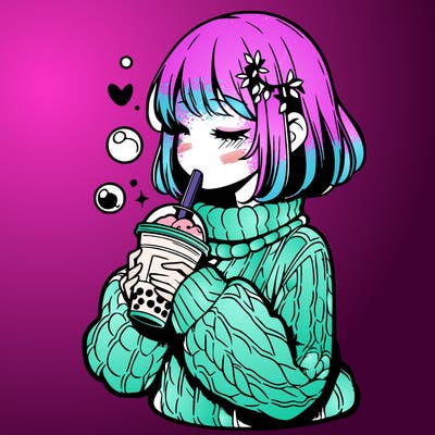 manga girl drinking boba in cozy sweater