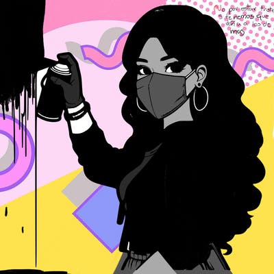 realistic girl with mask spray painting a wall