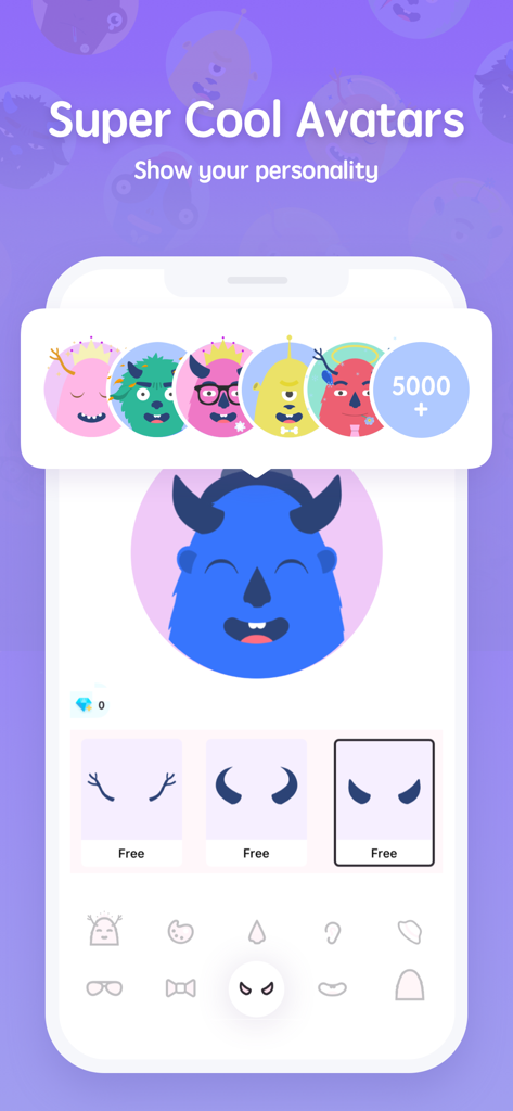 Mobile app screen showing a customizable blue monster avatar with various color and horn options