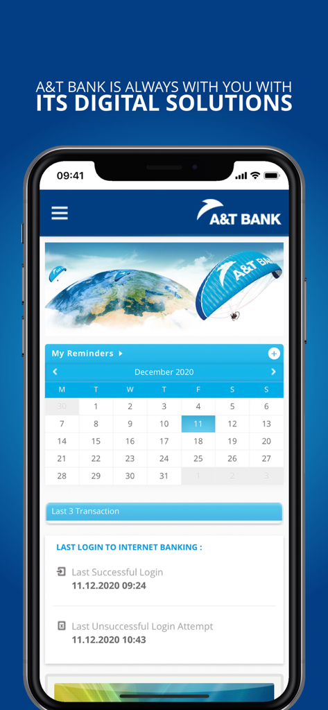 A&T Bank Mobile - A and T Bank Mobile app interface on an iPhone showing the account dashboard with calendar reminders and last login history.