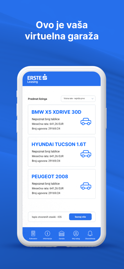Erste Leasing Srbija - Erste Leasing Srbija mobile app interface showing the virtual garage with a list of leased vehicles and monthly payment amounts