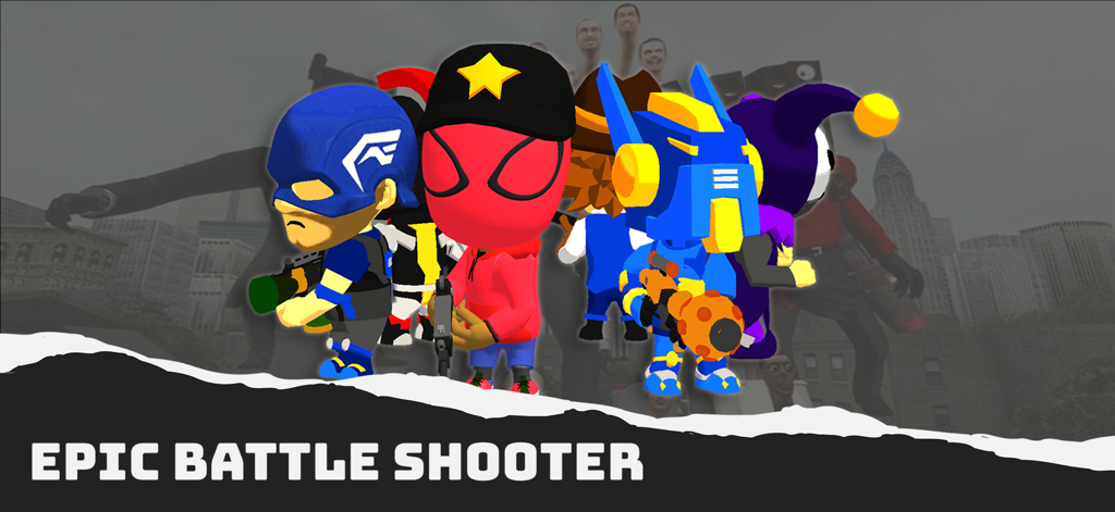 A group of unique 3D superhero characters with weapons in an urban setting from Superhero Shooter 3D Game.