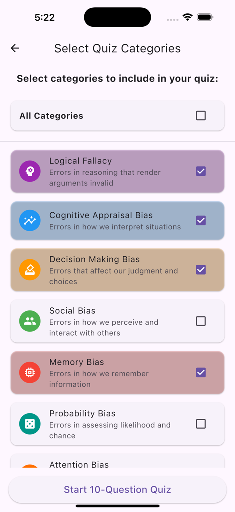 Selection screen for critical thinking quiz categories including logical fallacies and cognitive biases