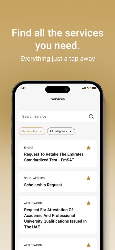 MOE UAE - MOE UAE app services screen showing options for attestation scholarships and EmSAT requests