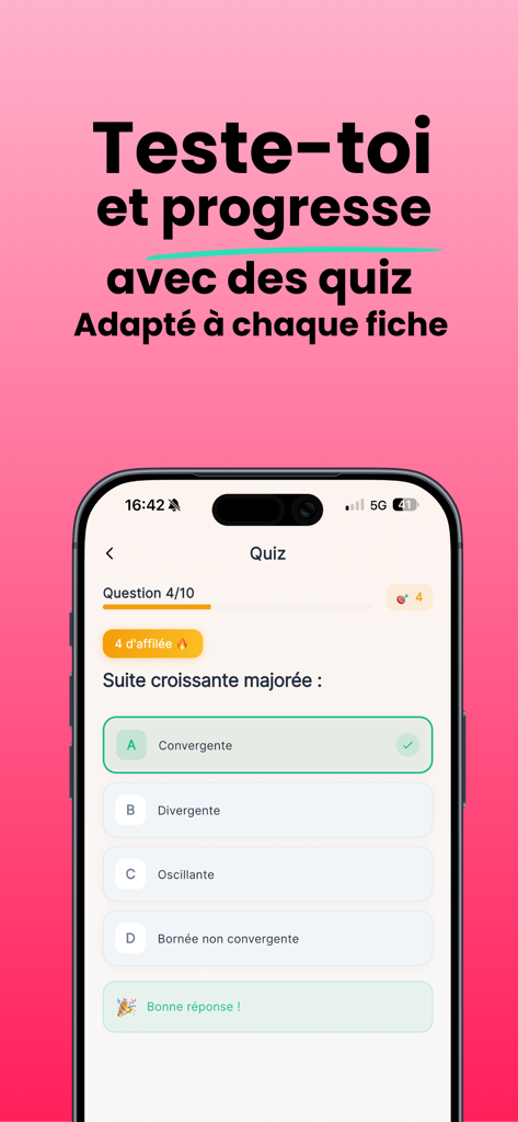 Podnotes - Un smartphone affichant un quiz interactif à choix multiples dans l'application Podnotes avec un compteur de série et une célébration de réponse correcte.
