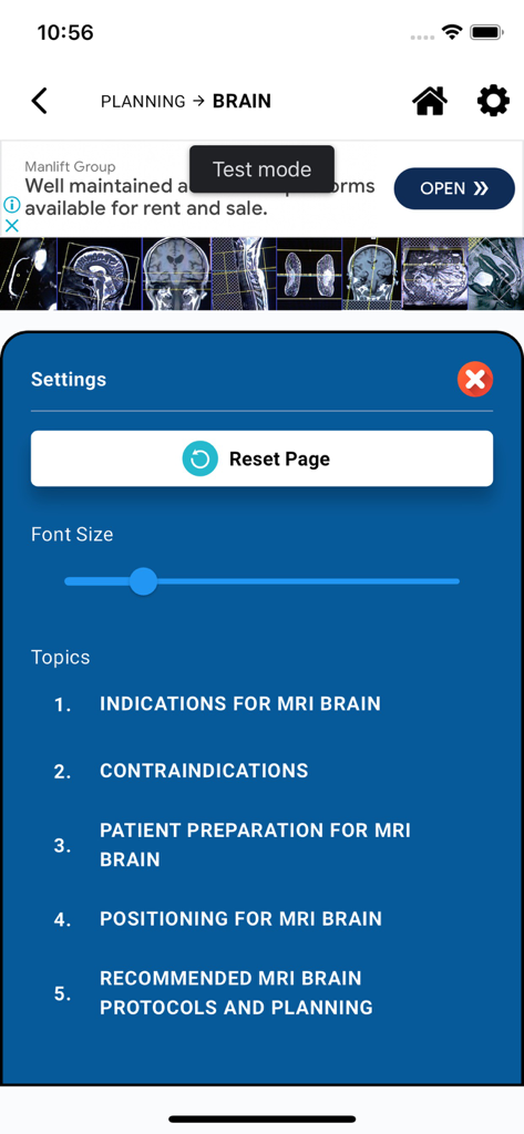 MRI MASTER - MRI MASTER app interface showing the settings menu and a list of brain scan planning topics including indications and positioning