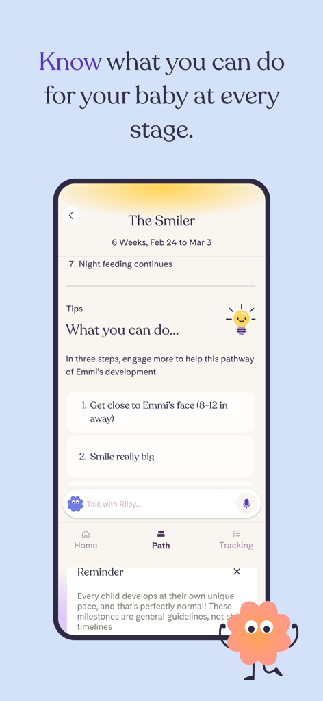 Riley app interface showing developmental tips for a six-week-old baby including activities to encourage smiling and engagement.