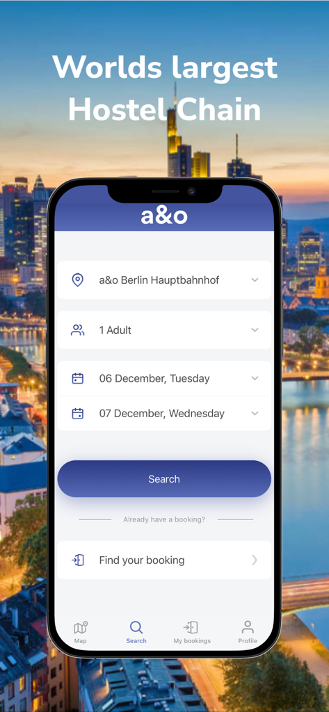 Interfaccia di ricerca dell'app mobile di a&o Hostels per la prenotazione di camere nelle città europee