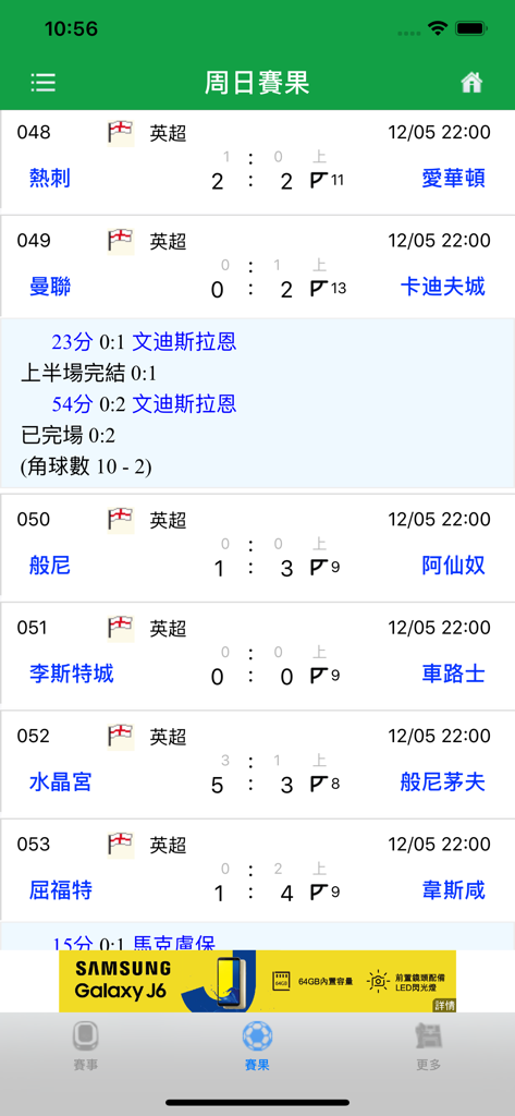 Screenshot of the MangoPRO app showing Sunday soccer match results and scores in Traditional Chinese