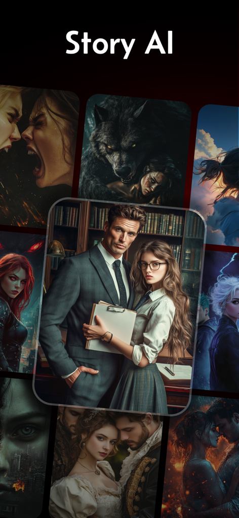 A collage of romance story covers from the Story AI app featuring billionaire and werewolf tropes