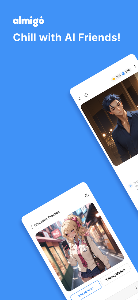 Almigo app interface showing lifelike AI character creation and chat features