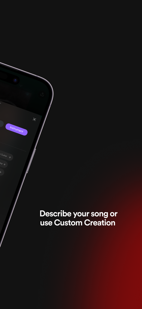 Soundverse - AI Song Generator - Soundverse app interface on a smartphone screen displaying song description and custom creation features