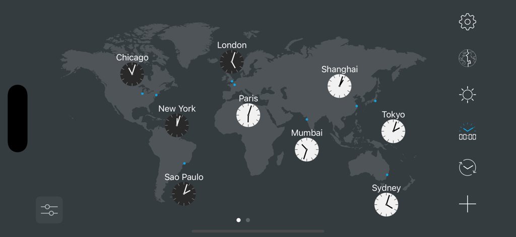 A world map interface displaying analog clocks for major global cities in landscape mode