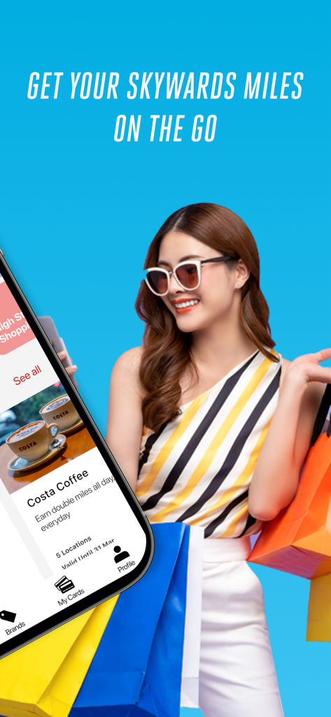 Skywards Everyday - A woman shopping with the Skywards Everyday app interface showing miles earned at Costa Coffee