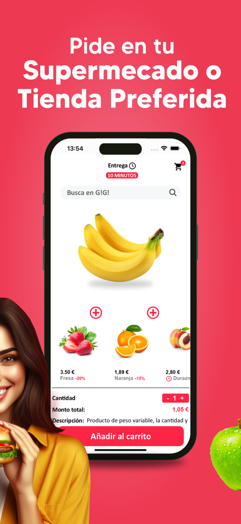 GiGi Food: Super, Comida Y Más - GiGi Food app interface showing grocery ordering options for bananas and strawberries with a 10 minute delivery guarantee
